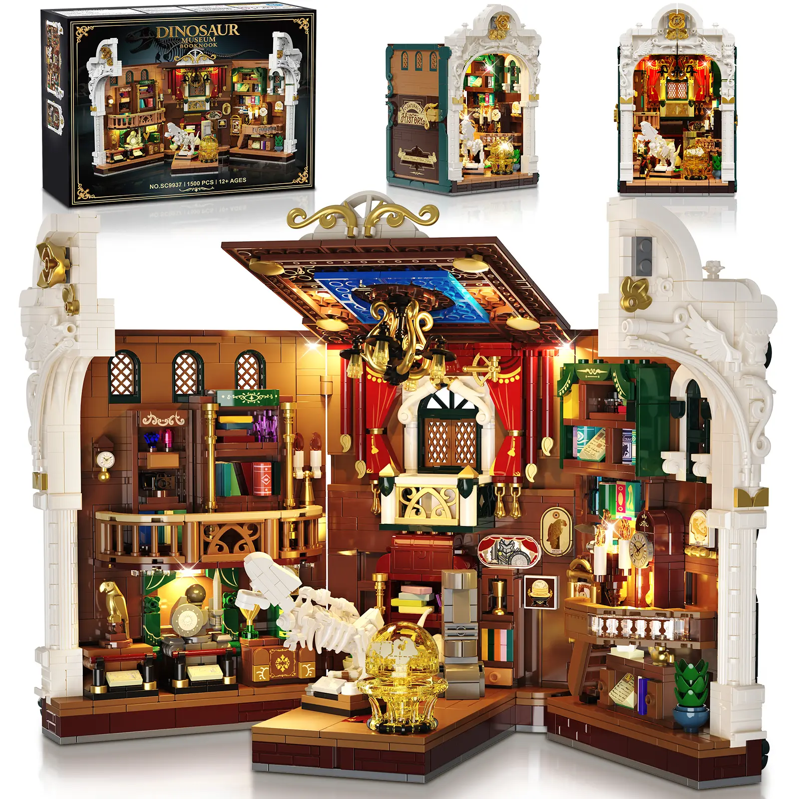 INSOON Dinosaur Museum Book Nook Building Set with Lights, DIY Miniature House Building Kit for Bookshelf Home Decor, Big Booknook Model Building Block Toy Father's Day for Adults Teens Boys Girls 12+