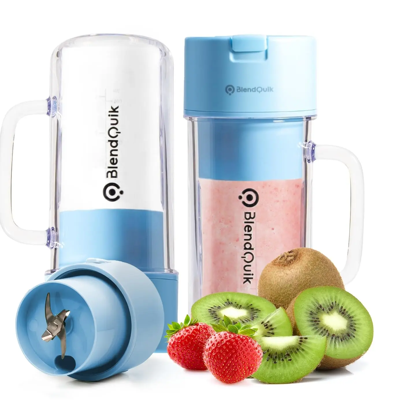 BlendQuik Single Serve Personal Portable Blender for Shakes & Smoothies, Leakproof Stylish Mason Jar Shaker, Rechargeable 10-Blade 14oz Mini Blender (Sky Blue)