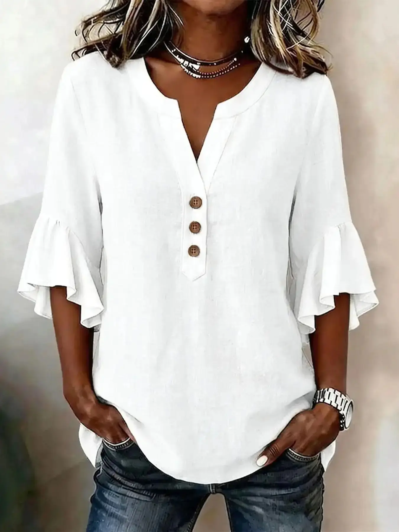 Effortless V-Neck Solid Color Button Front Casual Baggy Ruffle Sleeve T-Shirt Street Style, Fashionable Leisure Top, Stylish and Comfortable, Relaxed Fit, Contemporary Plain, effortless layering, chic everyday