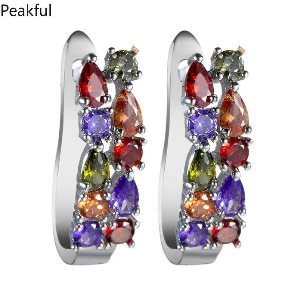 Rainbow Crystal Hoop Earrings for Women, Multicolor Teardrop CZ Huggie Earrings, Sparkly Silver Plated Statement Jewelry, colorful gradient stone design, perfect for parties, date nights, everyday wear and festival styling