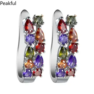 Rainbow Crystal Hoop Earrings for Women, Multicolor Teardrop CZ Huggie Earrings, Sparkly Silver Plated Statement Jewelry, colorful gradient stone design, perfect for parties, date nights, everyday wear and festival styling