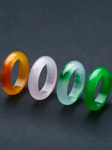 6mm Natural Stone Unisex Wedding Band for Women Men, Green Pink Yellow Jade-style Gemstone Thumb Ring Set, Solid Quartzite Fengshui Lucky Jewelry, Minimalist Healing Crystal Gift, Size 5-12