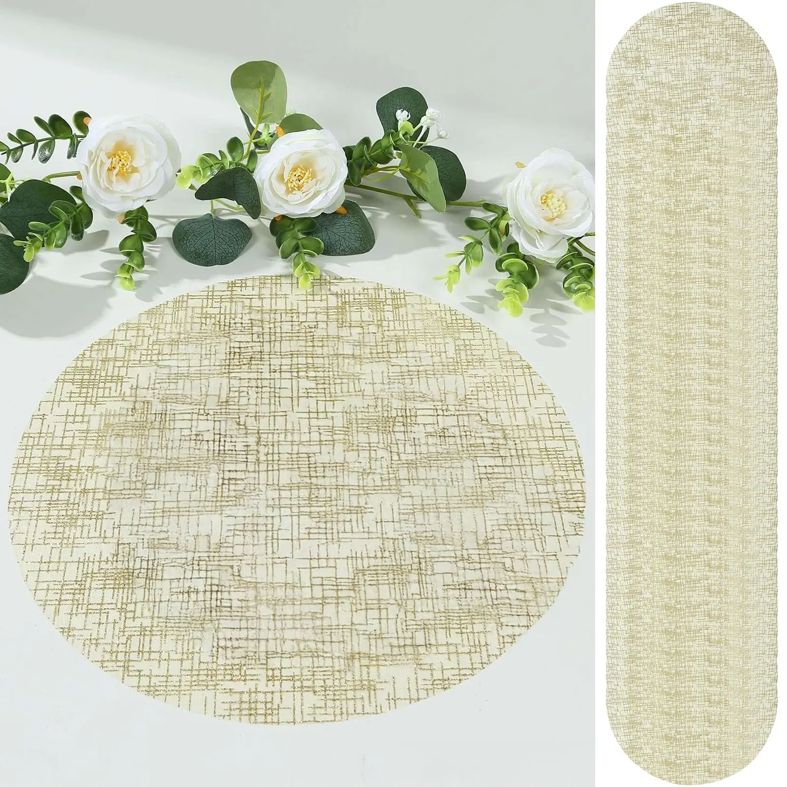 50-Pack Round Glitter Metallic Gold Table Placemats, 13" Mesh Polyester Disposable Placemats for Home Dinners, Weddings, Birthdays, Party Use, Hand Washable Kitchen Tableware, Uses: Home Dinners, Dinnerware, Avoid Ironing