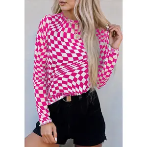 Rose Checkered Pattern Mesh Mock Neck Long Sleeve Top