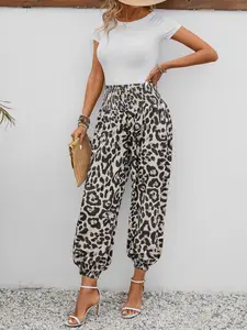 Women's High-Waisted Elastic Waist Wide-Leg Leopard Pants, Loose-Fitting Comfortable Daily Wear, Stylish Women's Casual Bottoms