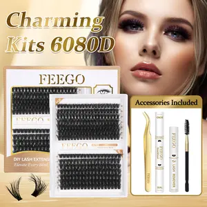 Charming Kits 6080D 10-18mm Eyelash Extension Set 280pcs Cluster Lashes Adhesive Remover Tweezers & Brush for Beginners Glamour Cosmetic Tools Mixed Length Waterproof volume wispy