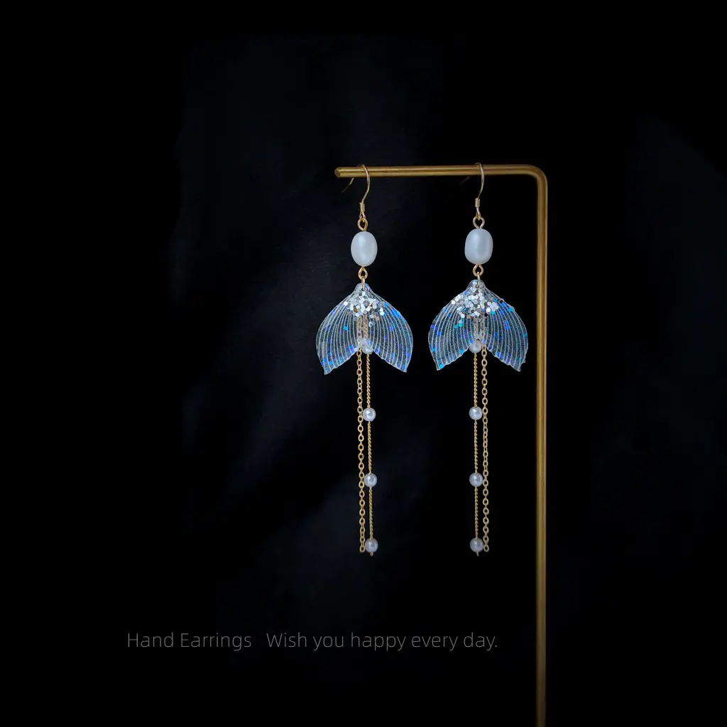 Sliver Freshwater Pearl Earrings Handmade Tassel Design Of Fish Tail Elements For Women