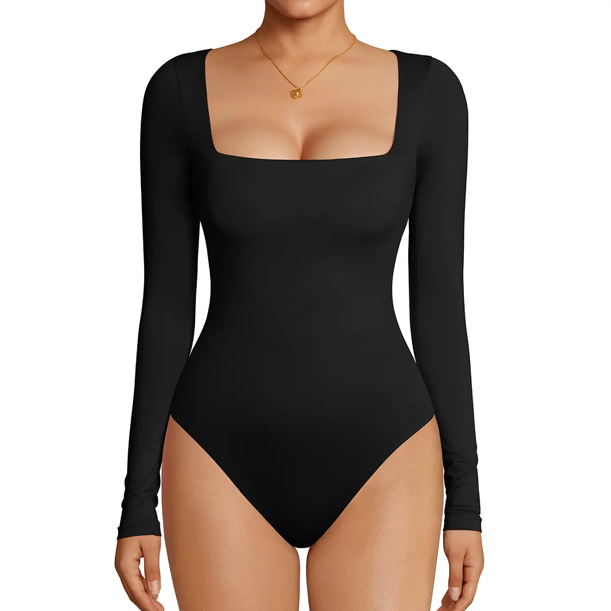 OYV Women's Square Neck Long Sleeves Bodysuit Sexy Body Suits Shirt Slim  Fitted Tops