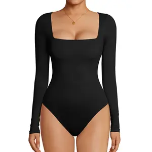 OYV Women's Square Neck Long Sleeves Bodysuit Sexy Body Suits Shirt Slim Fitted Tops