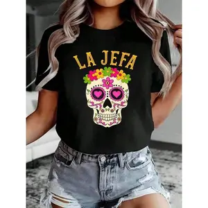 "La Jefa" Sugar Skull Dia De Los Muertos T-Shirt, Cotton Classic Comfort Crewneck Short Sleeve Tee For Women