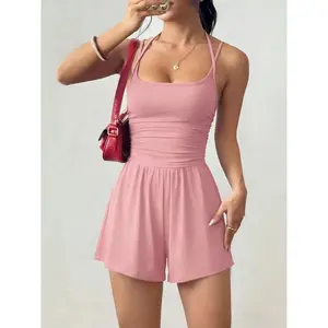 VYBE Women's Minimalist Halter One-Piece Short Pants, Sleeveless U-Neck Ruched Waist Slimming Bodycon Jumpsuit