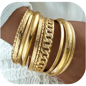 Gold Bangle Bracelets for Women 10Count Indian Stackable Bangles Multi Layer Textured 14K Gold Plated Boho Jewelry