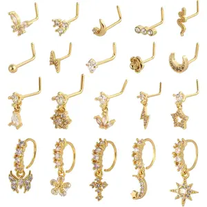 20 count Dangle Nose Rings,  Dangly Nose Rings Hoops Stylish Noses Ring Studs Jewellery with Flower  Butterfly Shape   Kit for Women Gifts