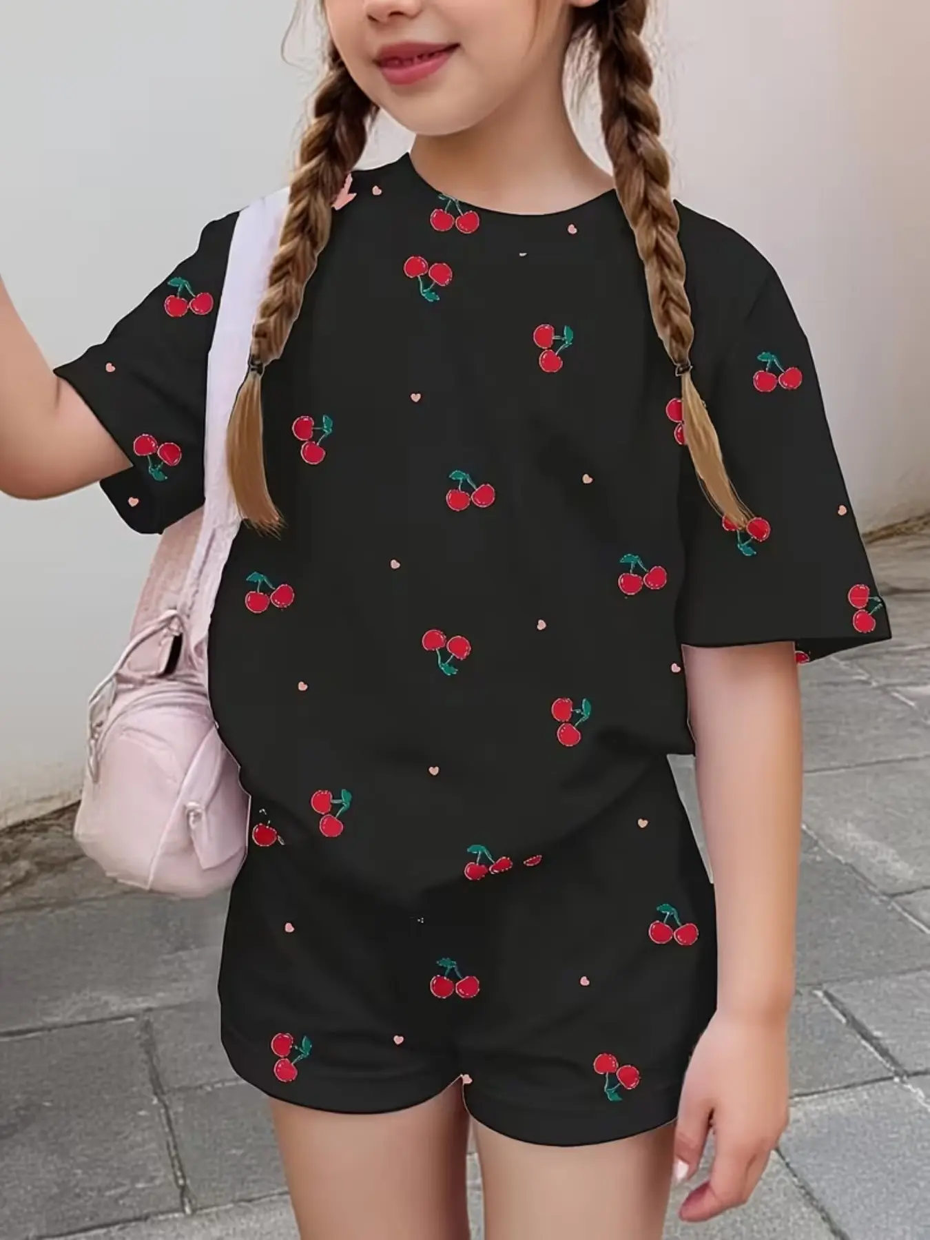 Spring Summer Mini Heart Sakura Print 'sakura Girl' Casual Teenage Girls Short Sleeve Shorts Set, Perfect for Summer Beach Vacation, Summer Clothes Set, Cute Clothing Set