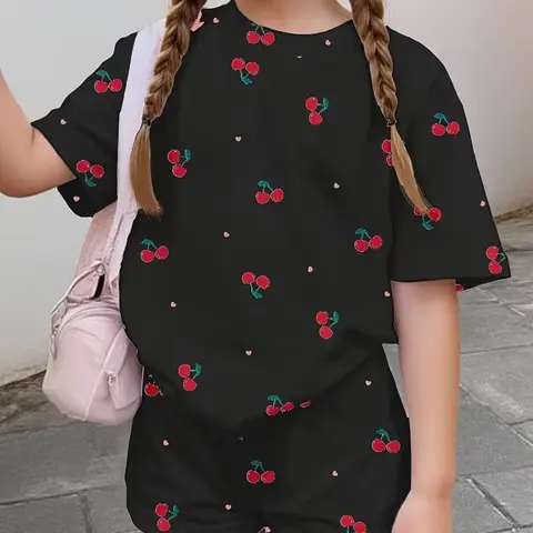 Spring Summer Mini Heart Sakura Print 'sakura Girl' Casual Teenage Girls Short Sleeve Shorts Set, Perfect for Summer Beach Vacation, Summer Clothes Set, Cute Clothing Set, Cute Sets