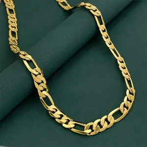 14 Karat Gold Flat Cuban Figaro Necklace - Gold Statement Chain, Casual Ethnic Style, 3-Tight-1-Loose Weave Link, Iced Out Texture, Multiple Widths (6.5/8/10mm) & Lengths (20/24in), Unisex Fashion Costume Jewelry Accessory