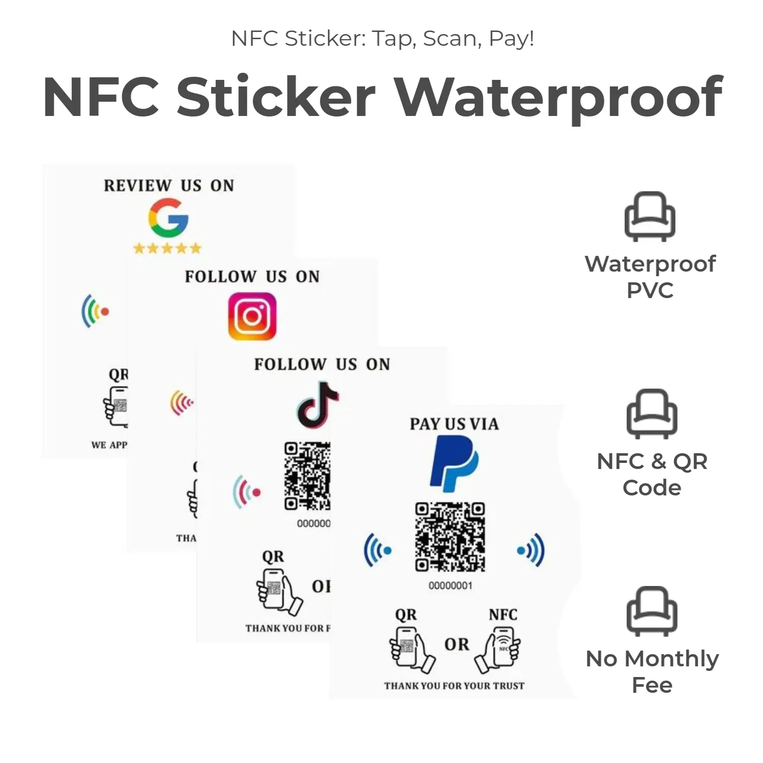 5.7" x 4.9" NFC Sticker – Payments, Reviews & Social – No Monthly Fee – Waterproof PVC