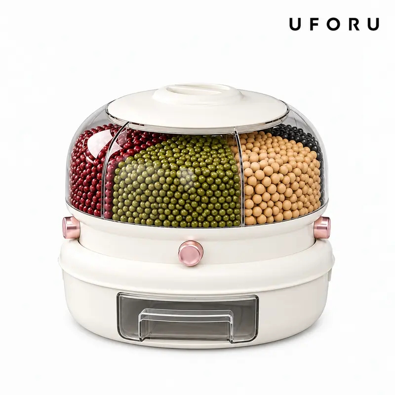 UFORU Round 360° Rotating Double Layer Grain Dispenser with Airtight Lid, 6 Separate Compartments, 1-Press Auto-Dispensing Design, Pest & Moisture Proof for Kitchen Decor, Pantry Organization