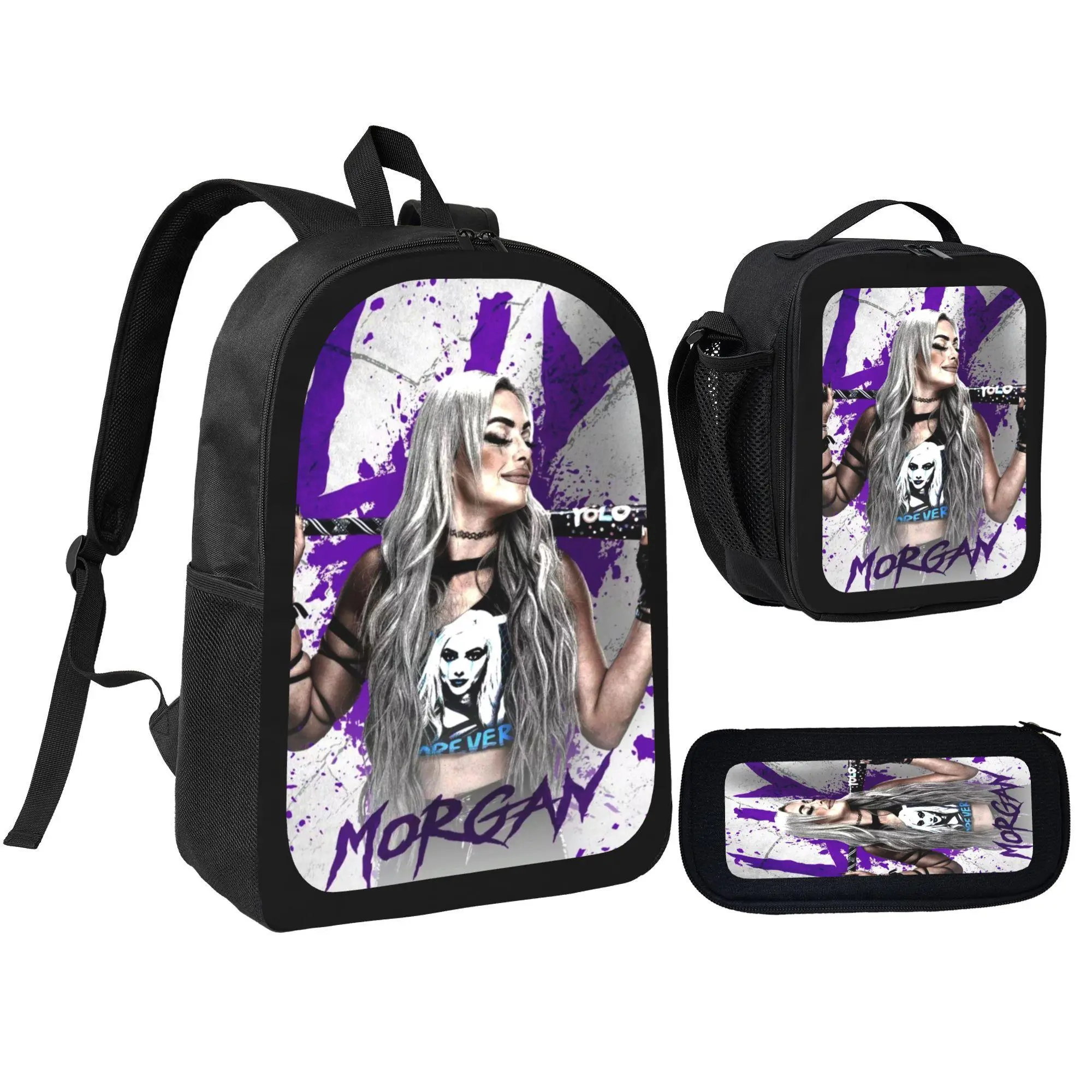 [3Pcs Backpack Set] WWE Morgan Character Art Print with Lunch Bag Pencil Pouch School Bag for Girls Teens Students Fans