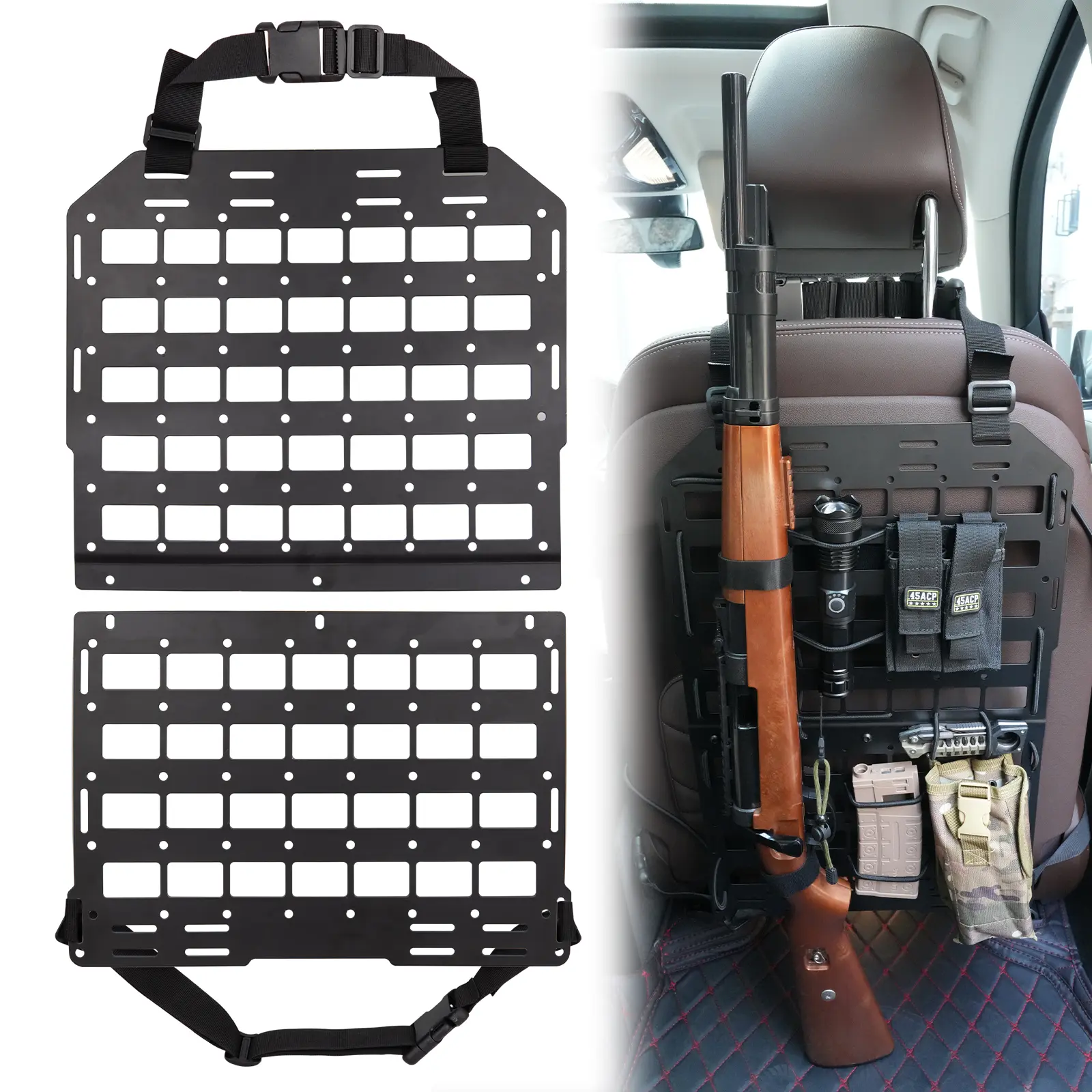 Rigid Tactical Seat Back Organizer, Durable All-Steel Molle Seat Back Panel,Universal Car Seat back organizer with 4M Elastic Rope & 2M Tape for Vehicle Car Truck Modular Storage & Display Load Bearing Capacity Hardness Strength Compatibility