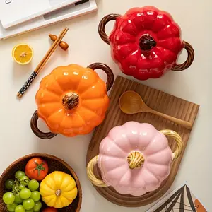 1 set ceramic pumpkin deep plate with lid set - large capacity saucepan Halloween pumpkin creative plate - 50oz