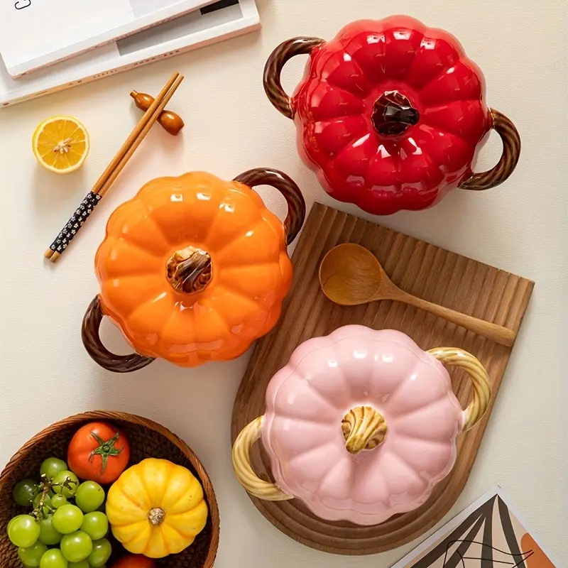 1 set ceramic pumpkin deep plate with lid set - large capacity saucepan Halloween pumpkin creative plate - 50oz