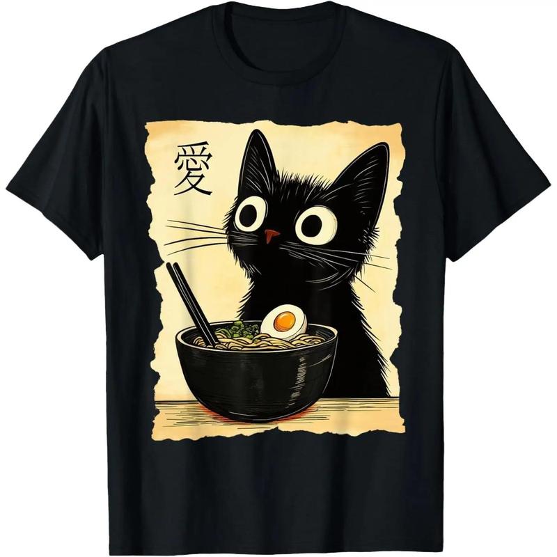 Funny Cat Ramen Graphic Tee Japanese Kawaii Anime Cat T-Shirt 180g Cotton-Blend Fabric Men Vintage Designer Oversized T-Shirt Short Sleeve Shirt Gifts for Him