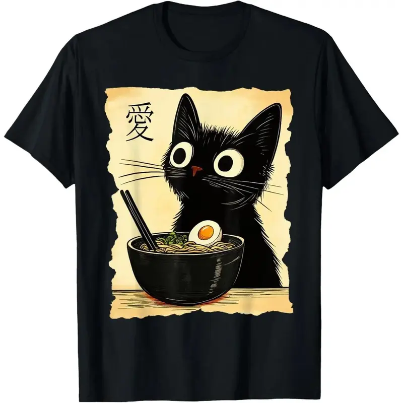 Funny Cat Ramen Graphic Tee Japanese Kawaii Anime Cat T-Shirt 180g Cotton-Blend Fabric Men Vintage Designer Oversized T-Shirt Short Sleeve Shirt Gifts for Him