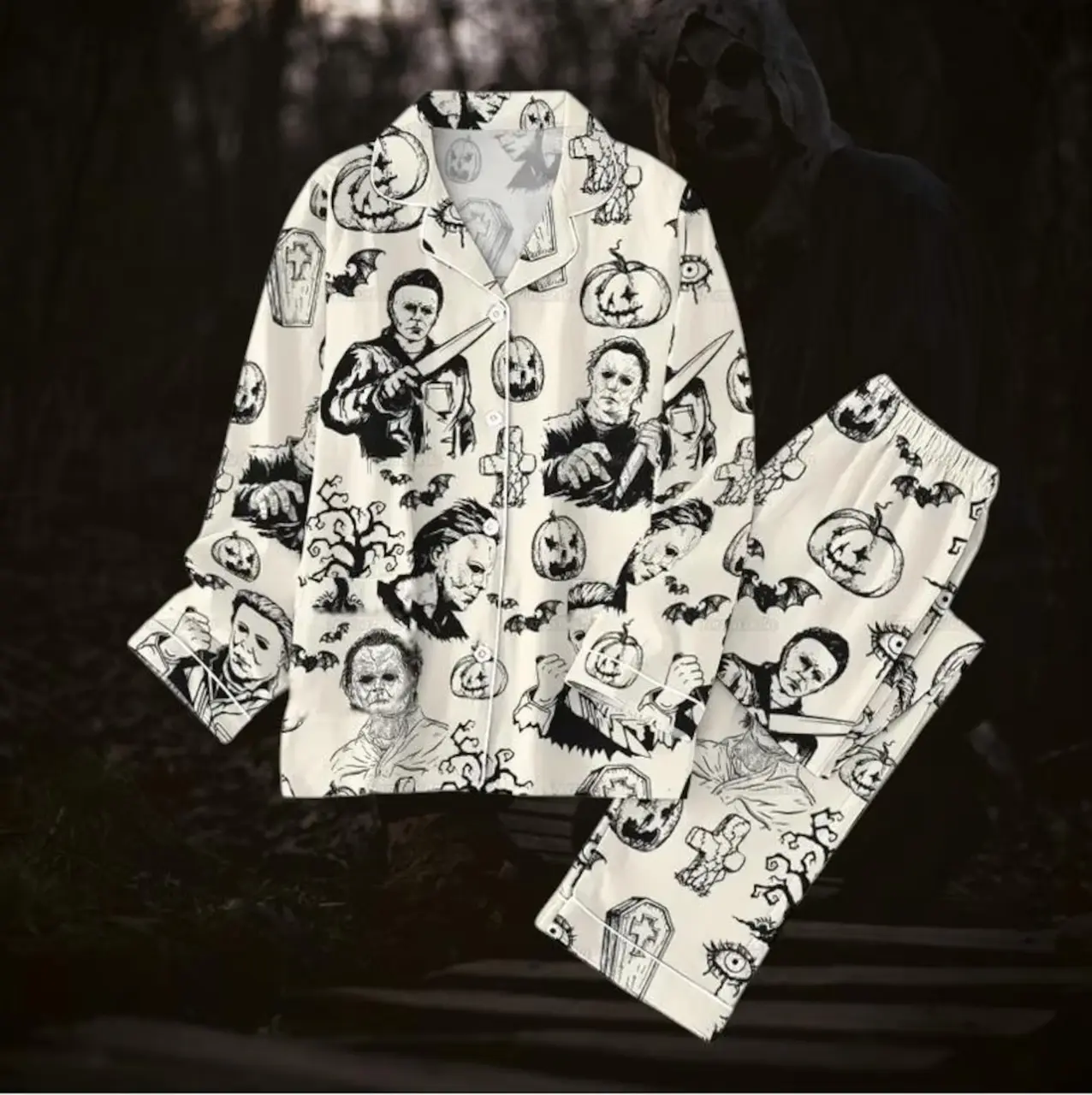 Michael Myers Pajamas Set, Halloween Horror Pajamas, Spooky White Slasher Outfit, Scary Movie Sleepwear, Creepy Killer Fan Gift