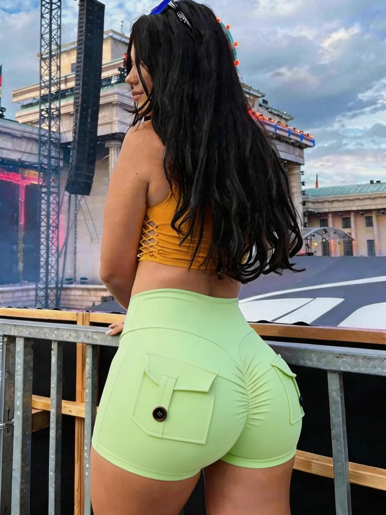 Women's High-Waisted Summer Sports Workout Shorts, Athletic Fitness Shorts, Pocketed Shorts, Peach Butt Design, Tactical Pockets, Ideal for Yoga Gym Activewear & Daily Wear, Slim-Fit Solid Pattern, Athletic Bottoms