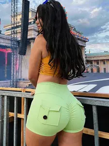 Women's High-Waisted Summer Sports Workout Shorts, Peach Butt Design, Tactical Pockets, Ideal for Yoga Gym Activewear & Daily Wear, Slim-Fit Solid Pattern, Athletic Bottoms