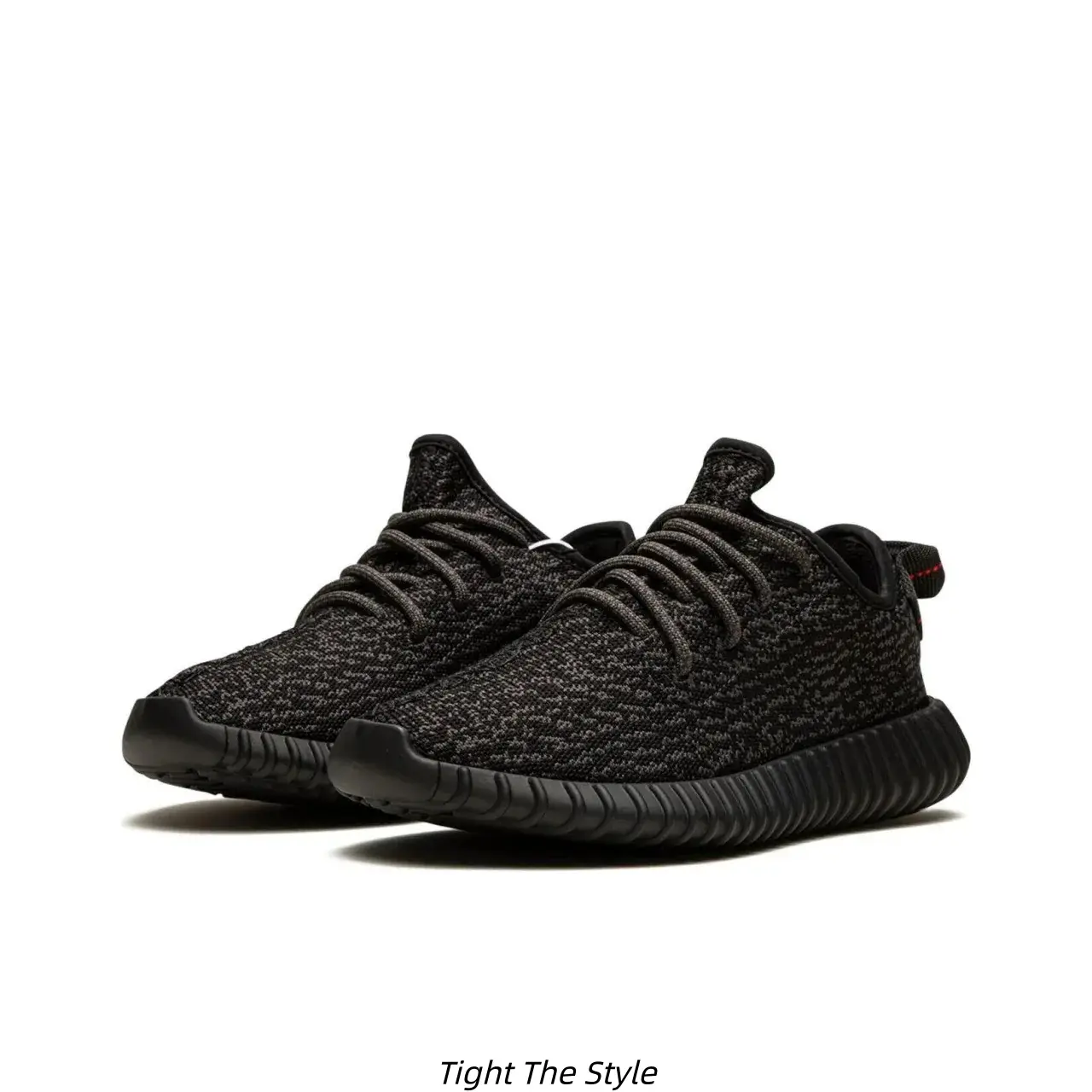 All Black Integrated Fly Knit Breathable Casual Running Sneakers With Small Red Heel Tag, Soft Elastic Anti-Slip Wavy Rubber Outsole, Brand New Unopened Complete Original Shoe Box, Lightweight Versatile Daily Knit Walking Footwear