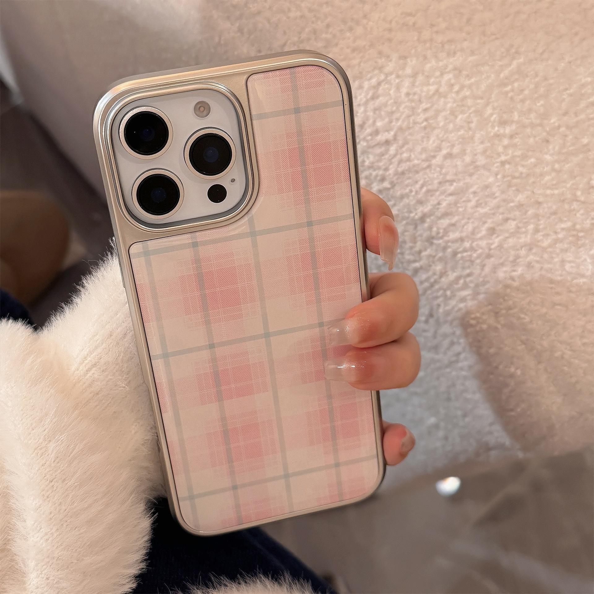 Pink Plaid Phone Case — Compatible with iPhone 16, 15 Pro Max, and 14 Models; Resin-Coated, Sweet Style, Electroplated Finish