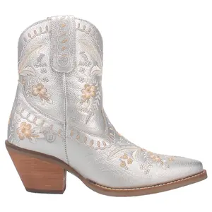 Dingo Womens Primrose Floral Embroidered Metallic Pull On Snip Toe  Casual Boots Ankle Mid Heel 2-3" - Silver