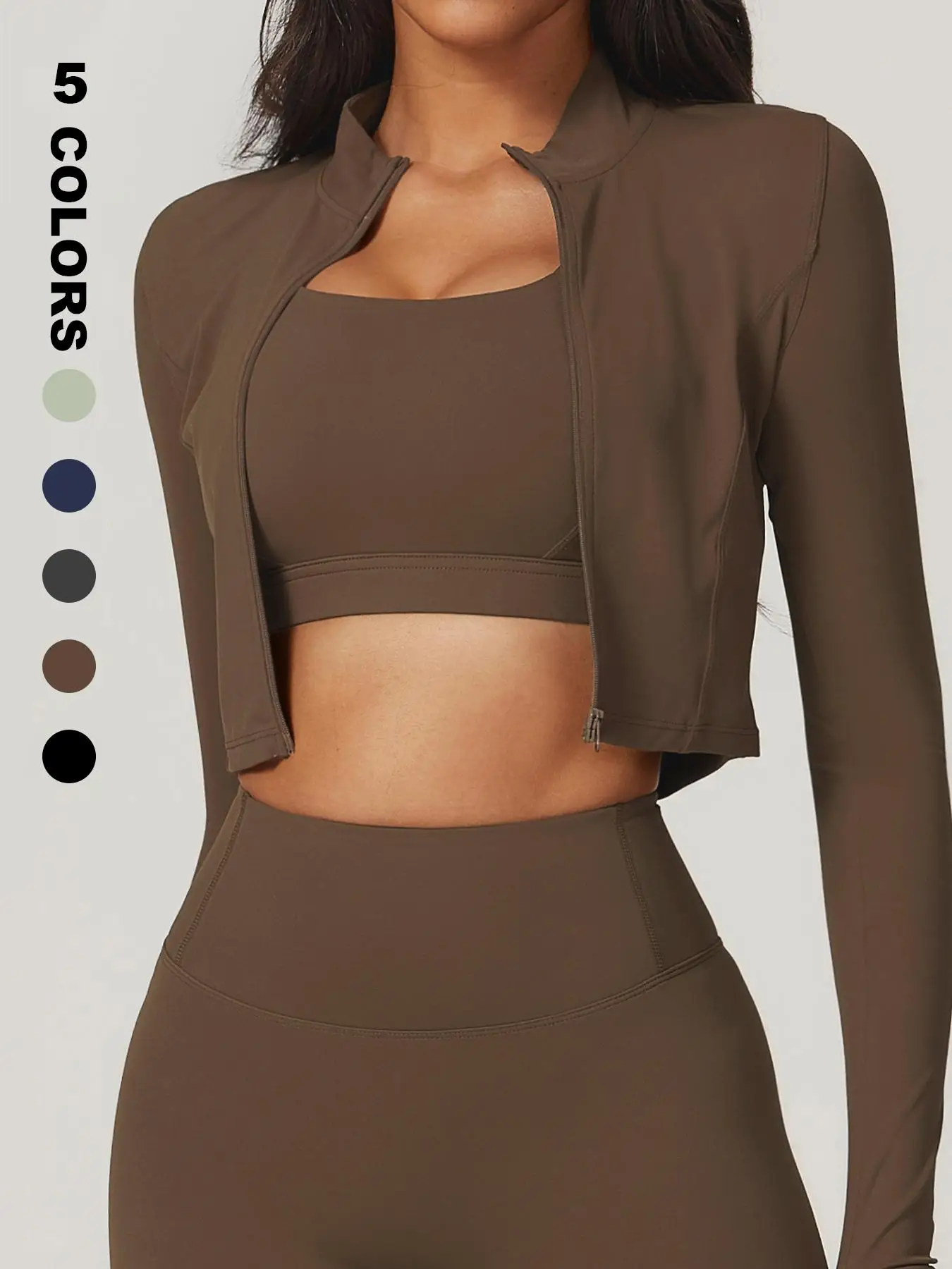 Women's Solid Thumb Hole Zip Up Crop Sports Jacket for Swinging Plate Gym, Sporty Long Sleeve Stand Collar Outerwear for Gym Workout Running, Ladies S