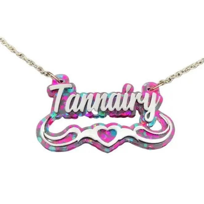 Custom Silver Name Necklace – Multi-Color Heart & Swirl Confetti Pendant – Personalized Jewelry Gift for Girls, Teens, Kids, Birthday, Valentine's Day