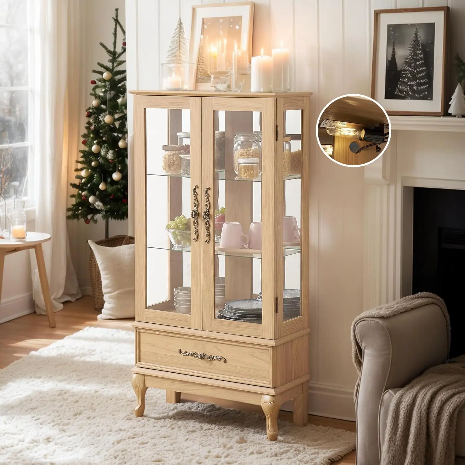 Eyisean 52" Lighted Sturdy Wood Storage Cupboard, 3-Tier Antique China Display Case with Tempered Glass Adjustable Shelves, Drawer, Acrylic Panel, DIY E26 Light Bulb for Living Room