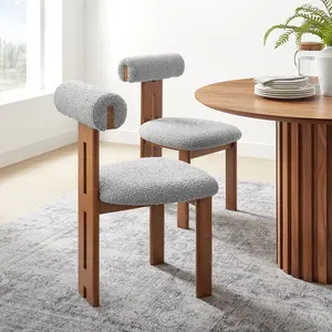 Torian Boucle Fabric Dining Chair Set of 2 in Walnut Light Gray