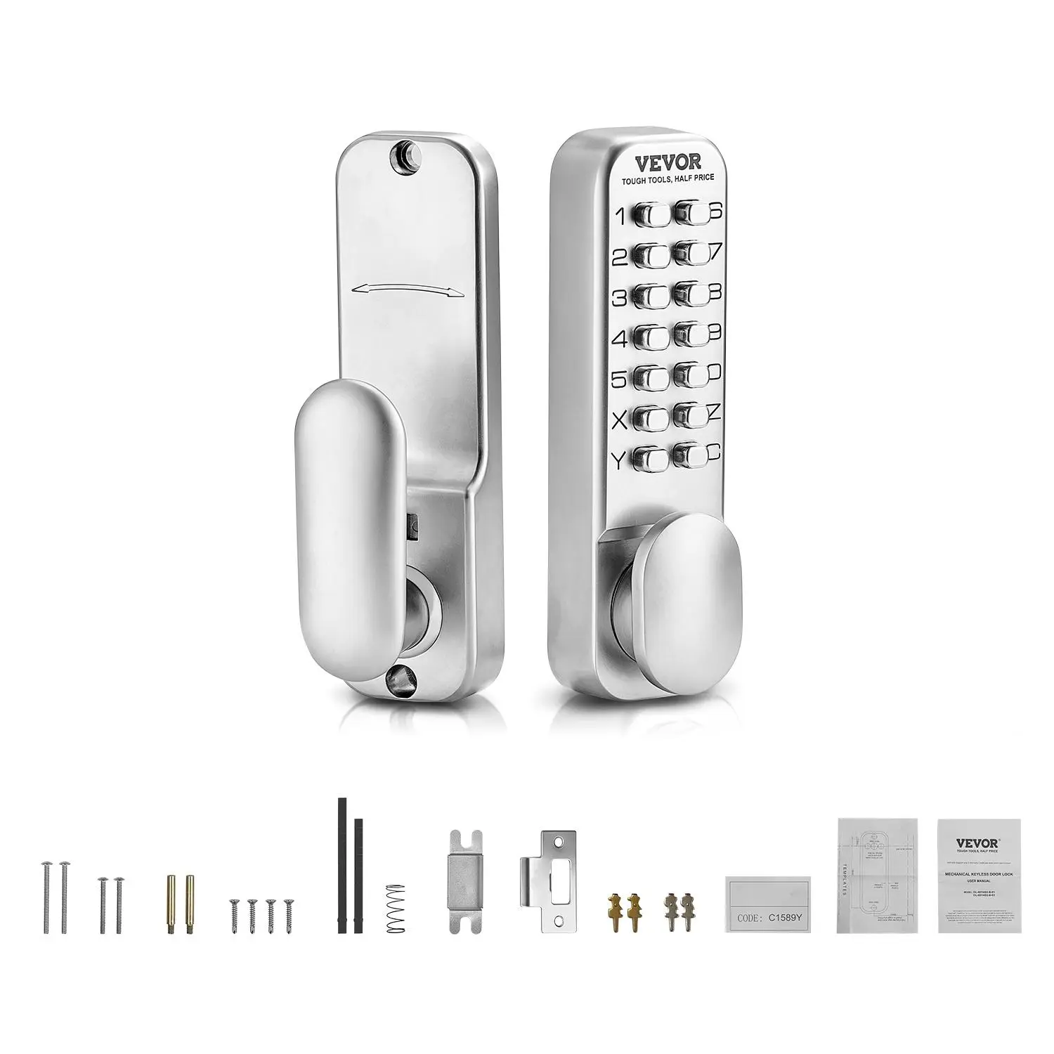 【summerfinds】VEVOR Mechanical Keyless Entry Door Lock, 14 Key Mechanical Door Lock, Mechanical Keypad Door Knob, Single-Side Stainless Steel Waterproof Keyless Gate Lock, for Home Office Outdoor Fence Garage Yard
