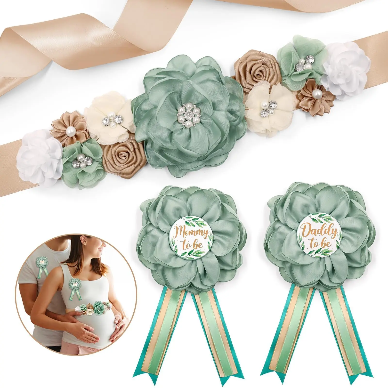 Sage Green Maternity Sash & Corsage Set - Mom-to-Be, Daddy-to-Be Flower Accessories, Ivory, Champagne Gold Olive Green Belly Band, Pregnancy Party Accessories, Baby Shower Decor, Gender Reveal Keepsake, Photo Props
