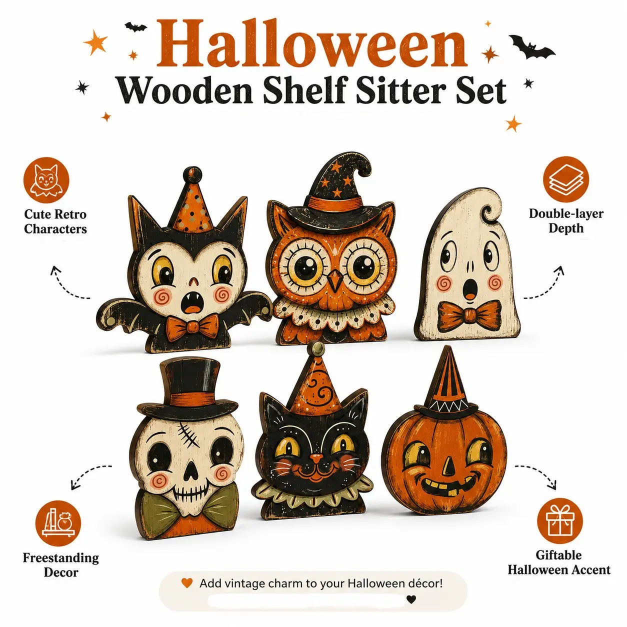 6PCS Halloween Wooden Shelf Sitter Set – Cute Ghost, Pumpkin & Black Cat Table Decor | Rustic Farmhouse Halloween Tiered Tray Decorations | Fall Home & Office Party Display
