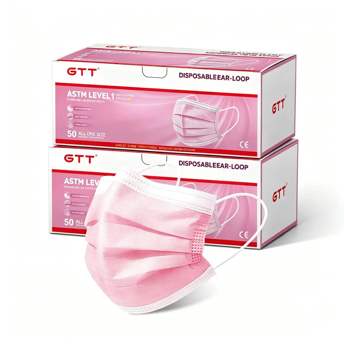 GTT Pink ASTM Level 1 Disposable Medical Face Masks 100 Pack, 3 Ply Soft White Earloop Breathable Adult Protective Masks