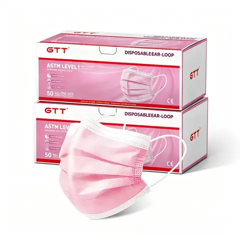 GTT Pink ASTM Level 1 Disposable Medical Face Masks 100 Pack, 3 Ply Soft White Earloop Breathable Adult Protective Masks