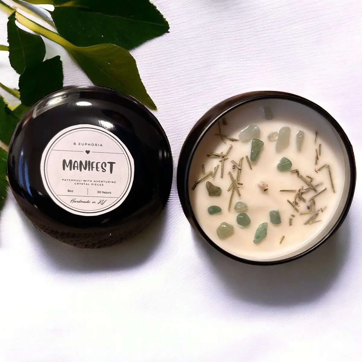 Manifest patchouli crystal meditation candle with mint and aventurine crystals