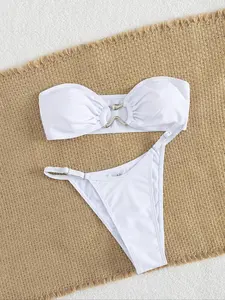 Women's Solid Color Bandeau Swim Bra & Swim Panty Bikini Set, Casual Fashion Chic Swimwear Set for Beach Holiday Vacation, Ladies Swimsuit for All Seasons, Bandeau Bathing Suits