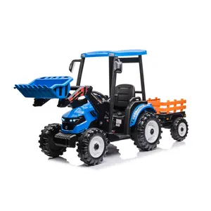 24V Kids Ride on Tractors with Parent Remote Control, Pedal Tractors with Working Loader and Backhoe Digger, Kids' Ride on Car Toys 24V Battery Powered Electric Vehicles with Trailer, Digger (Blue)
