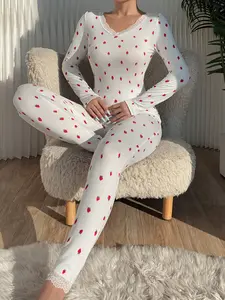 Women's Fall Winter Warm Inner Wear Set, Long Sleeve and Pants, Fleece Lining, Strawberry Design, 2-Piece for Cold Weather