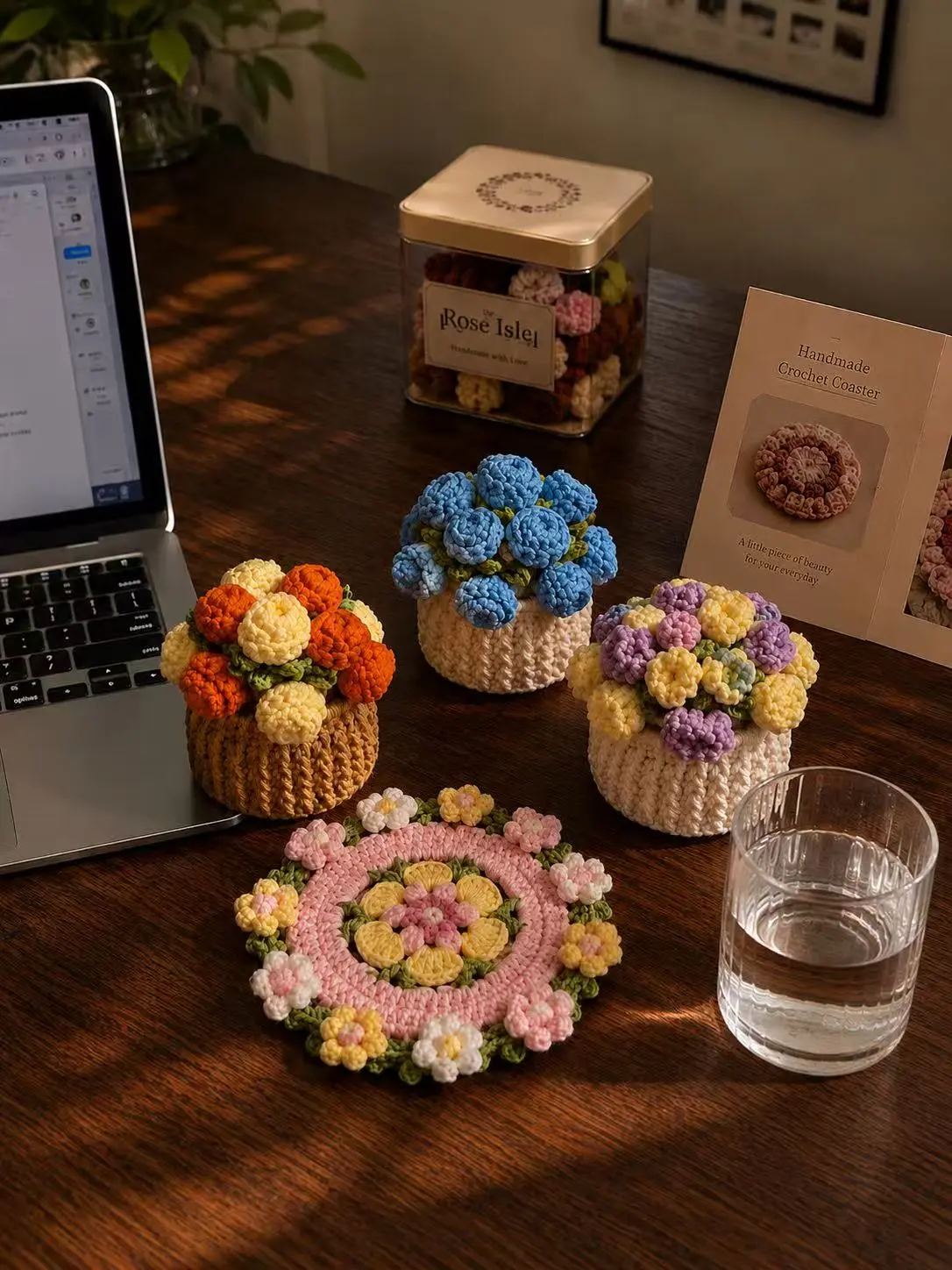 Handmade Crochet Flower Coaster & Basket Set, Convertible Foldable Floral Cup Mat, Cute Table Decor Gift