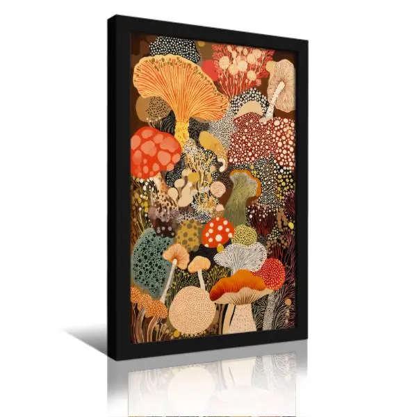 Yayoi Kusama Inspired Mushroom Fungi Canvas Poster - Modern Japandi Botanical Unframed Print, Colorful Polka Dot Home Decor for Bedroom & Living Room, Gift for Lovers, Black Aluminum Frame Option