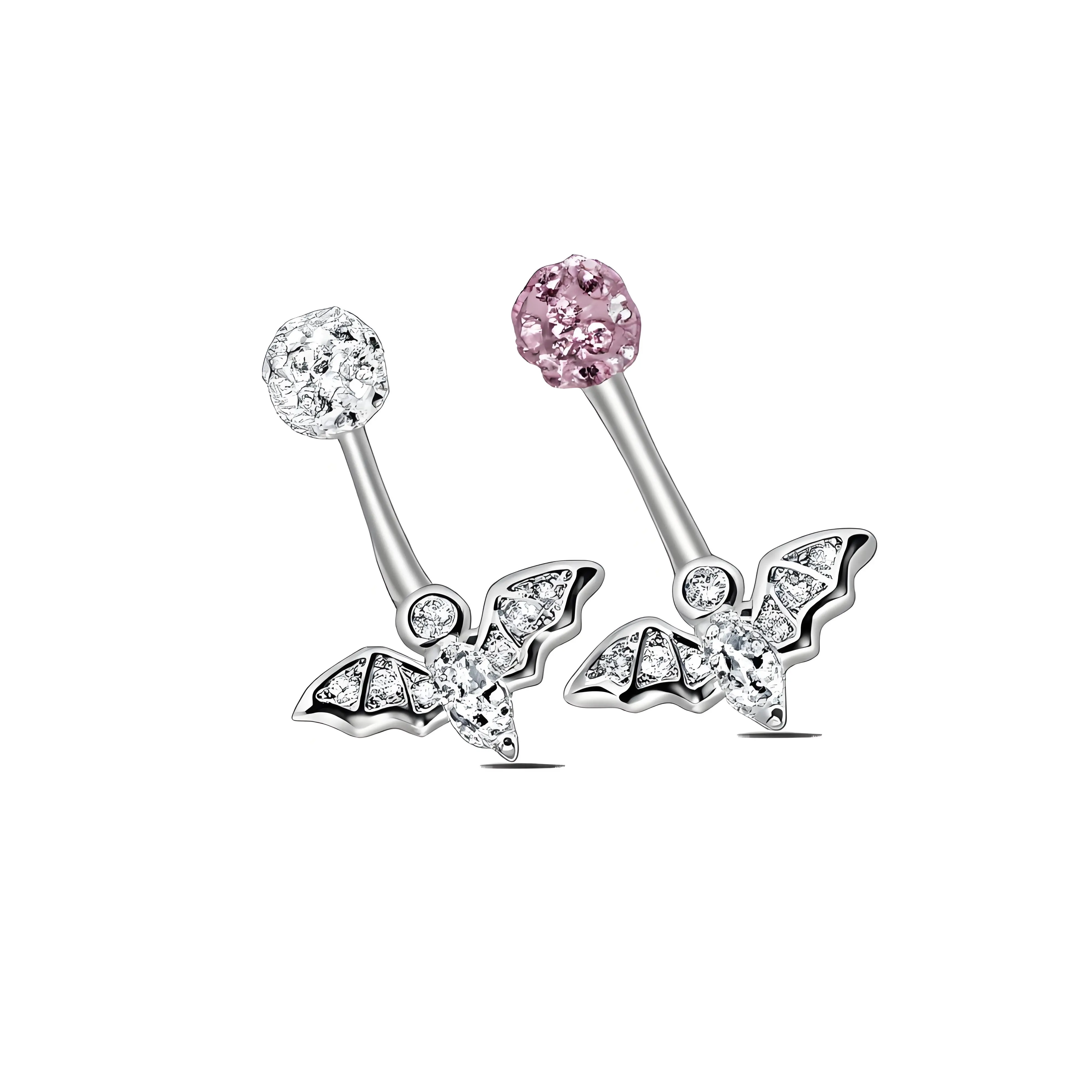 HERVAY 16G/10MM Eyebrow Jewelry - Stainless Steel Pink & White Crystal Bat - Suitable for Rook/Helix/Daith/Nose/Ear/Lips - Unisex Piercing Accessories